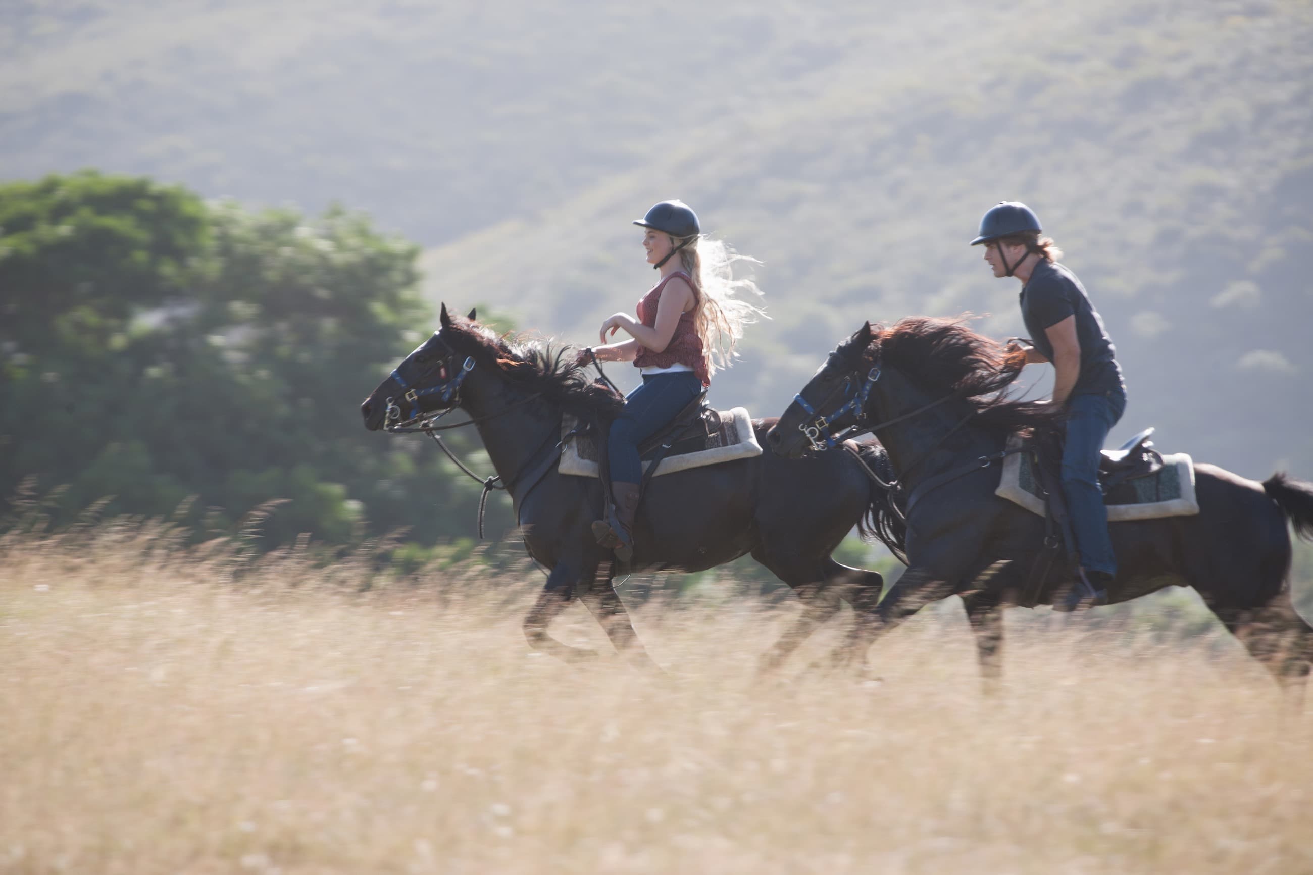 Two riders moving through a wide rural landscape