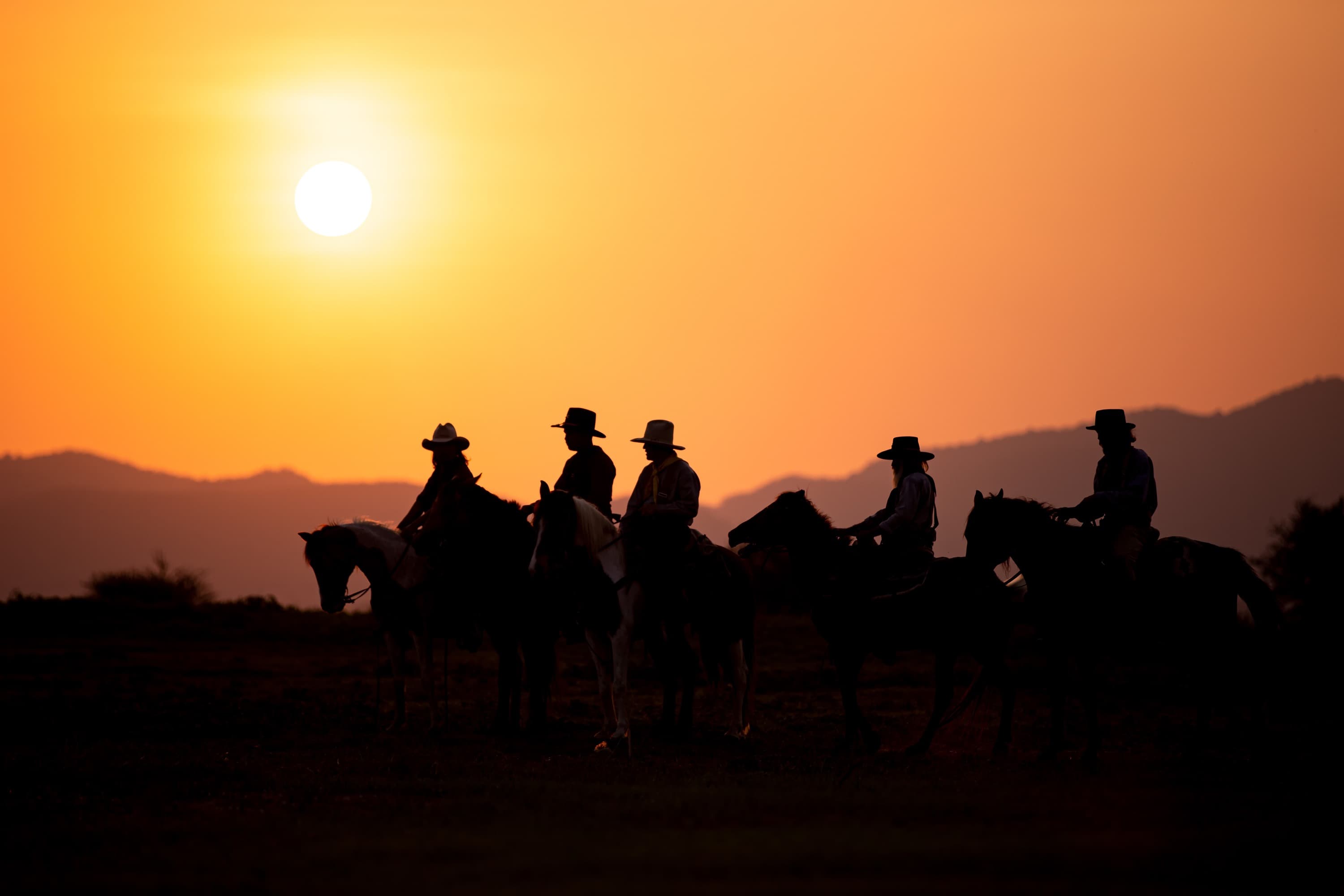 Horseback figures crossing a sunset horizon