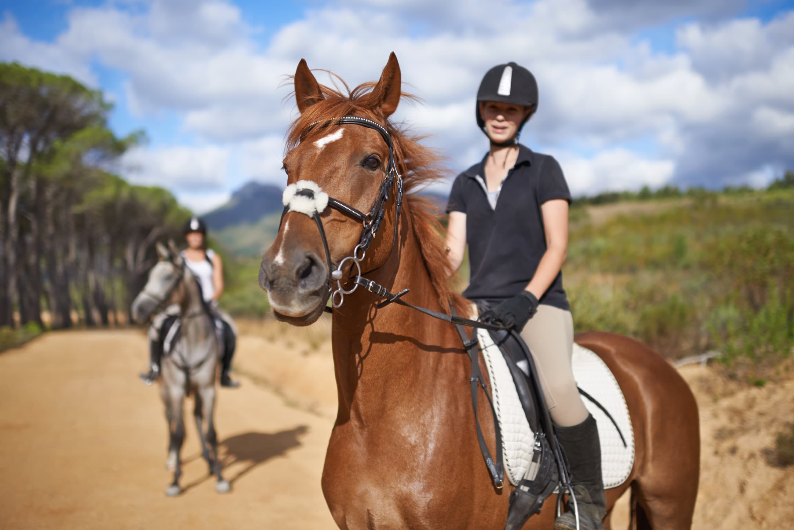 Woman riding a horse on a dirt path